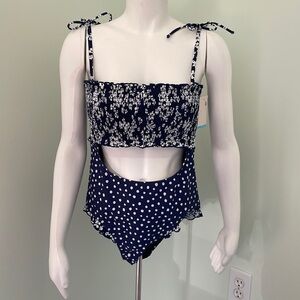 Retro Smocked one piece cut out swimsuit navy and white juniors Large 11-13